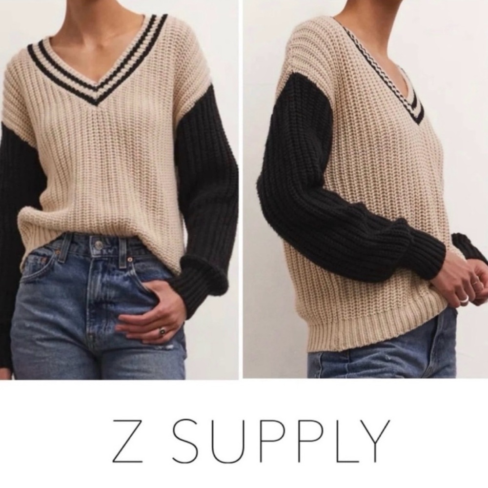 Z SUPPLY Hunter Varsity Chunky Knit Sweater - Beige & Black, size Medium